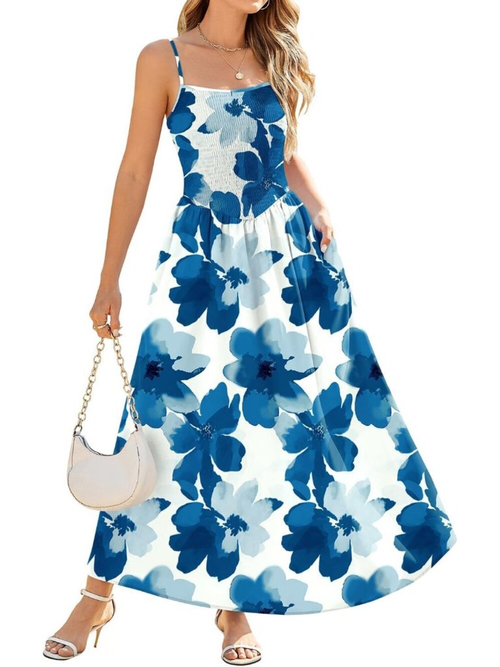Women's Dress Maxi Blue Florald Polyester A Line Smocked Spaghetti Straps Sundre